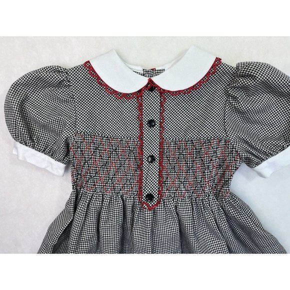 Baby Togs Smocked Dress Black Check Red Trim Girls 5 Puff Sleeve - Picture 3 of 9